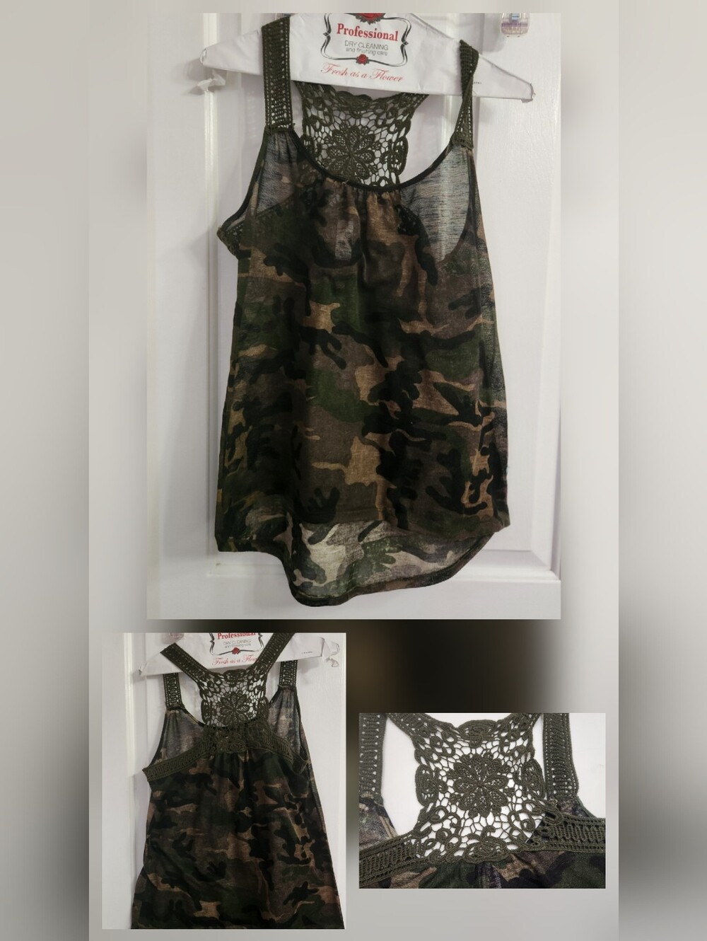 Crochet-Back Camo Racerback Tank Top - Olive Green